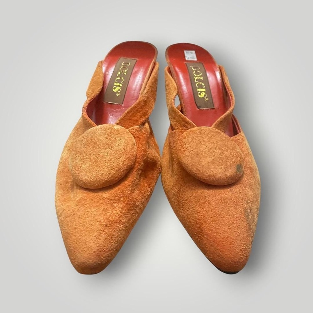Dolcis Mules Women 7 Orange Suede Vintage Rare‎ Kitten Heel Mod Retro MCM Y2K